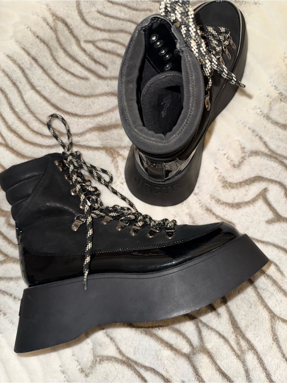 Women's Black Platform Lace-Up Boots with Mixed Materials